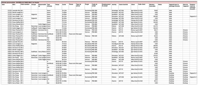 List des entrées de temps (entrées de temps brutes)